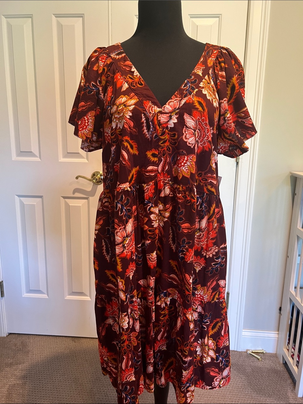 Old Navy Burgundy Floral V-Neck Midi Dress